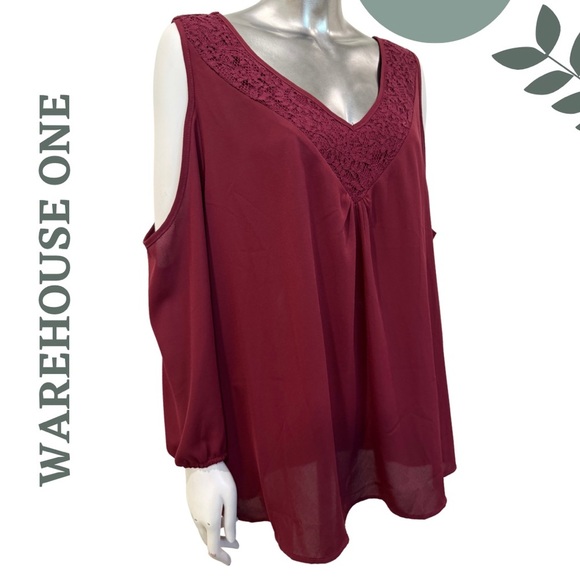 🛍️3/ $40 Warehouse One Burgundy Cold Shoulder Blouse Long Sleeve Plus Size XXXL - Picture 2 of 5